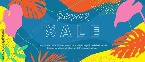 Colorful exotic, tropic background with monstera, palm leaves, abstract shapes.