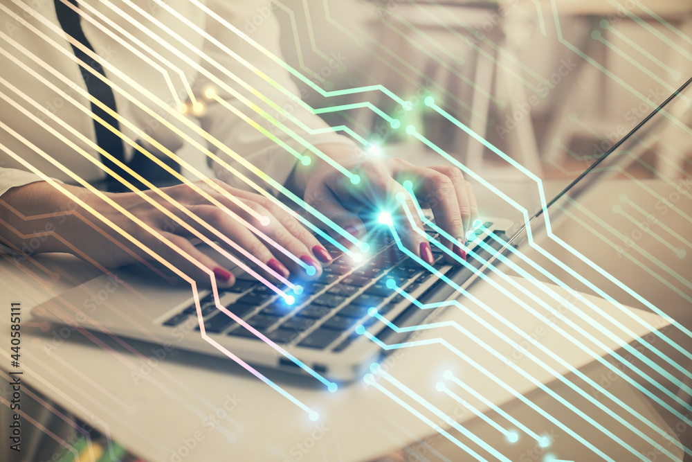 Multi exposure of woman hands working on computer and data theme hologram drawing. Tech concept. Multi exposure of woman hands working on computer and data theme hologram drawing. Tech concept.