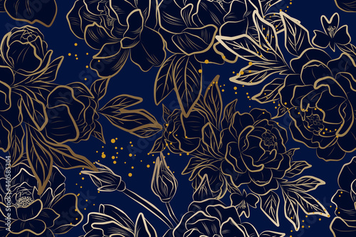Golden on blue peony flowers summer vector image