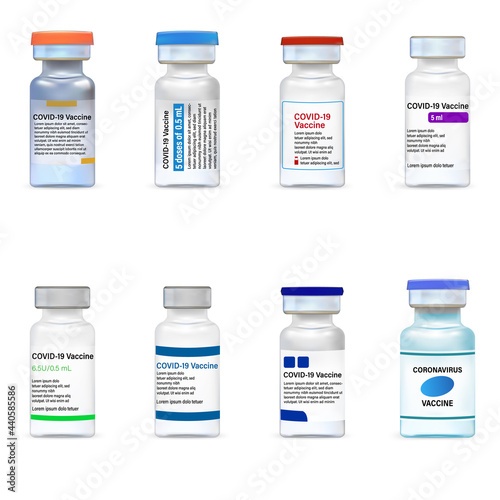 Realistic of Covid-19 coronavirus vaccine. Syringe and vaccine collection. Treatment for coronavirus covid-19. Isolated vector illustration.