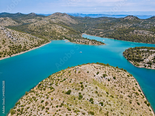 Aerial view of Otočić Donji Školj, Otočić Gornji Školj, panoramic view on the island of Dugi Otok in front of the city of Zadar, Croatia