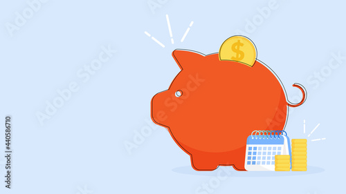 Piggy bank icon with coins vector illustration isolated on blue background. Saving, investment in future or save money or open a bank deposit concept. Flat style objects. Copy space for design or text