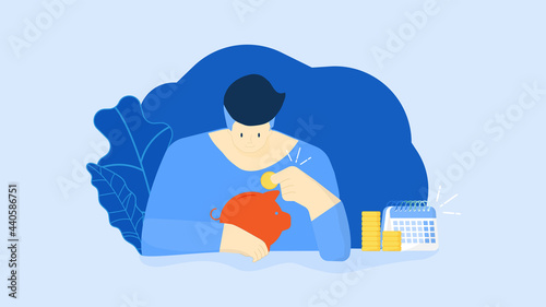 Man put a coin into piggy bank vector illustration. Saving, investment in future, tips and tricks for planning, save money or open a bank deposit concept. Budget home savings and investment money.
