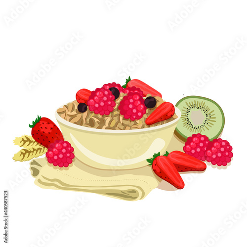 Tasty porridge with berries in a bowl, cup of coffee, raspberries, kiwi, orange and ears. Breakfast on napkin. Health food vector illustration. Good morning. Flat style. photo