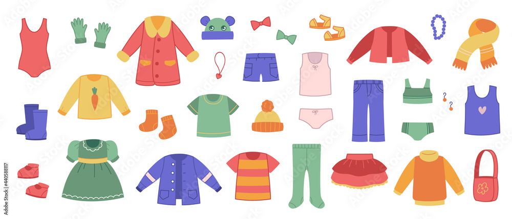Collection of colored children s clothing. Vector Set of wardrobe