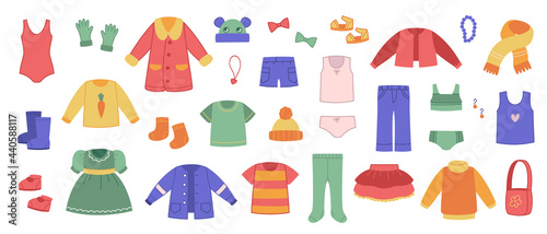 Collection of colored children s clothing. Vector Set of wardrobe items. Children s clothing for winter and summer. Isolated clipart dress, accessories and trousers on a white background