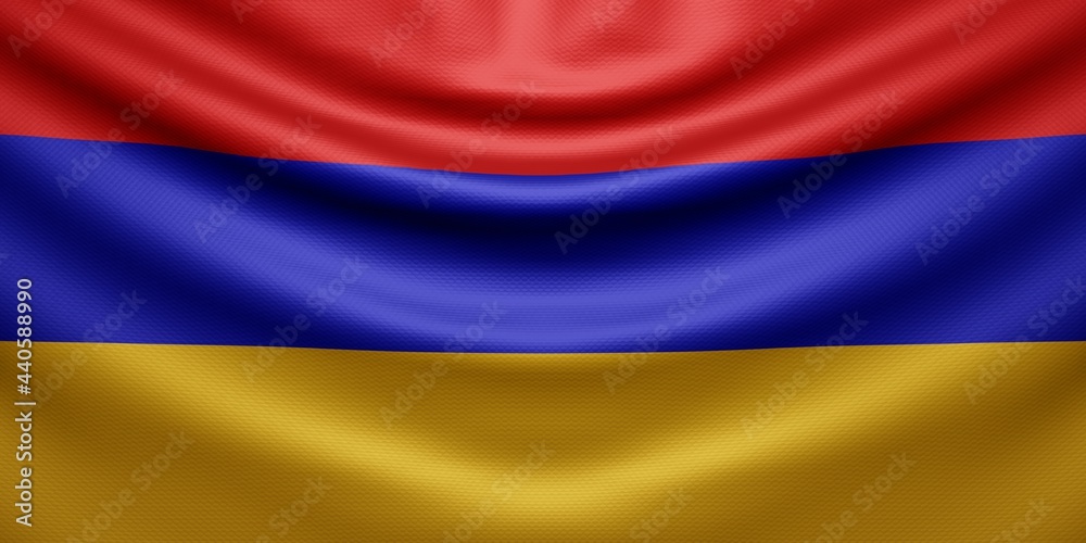Hanging wavy national flag of Armenia with texture. 3d render. Hanging wavy national flag of Armenia with texture. 3d render.