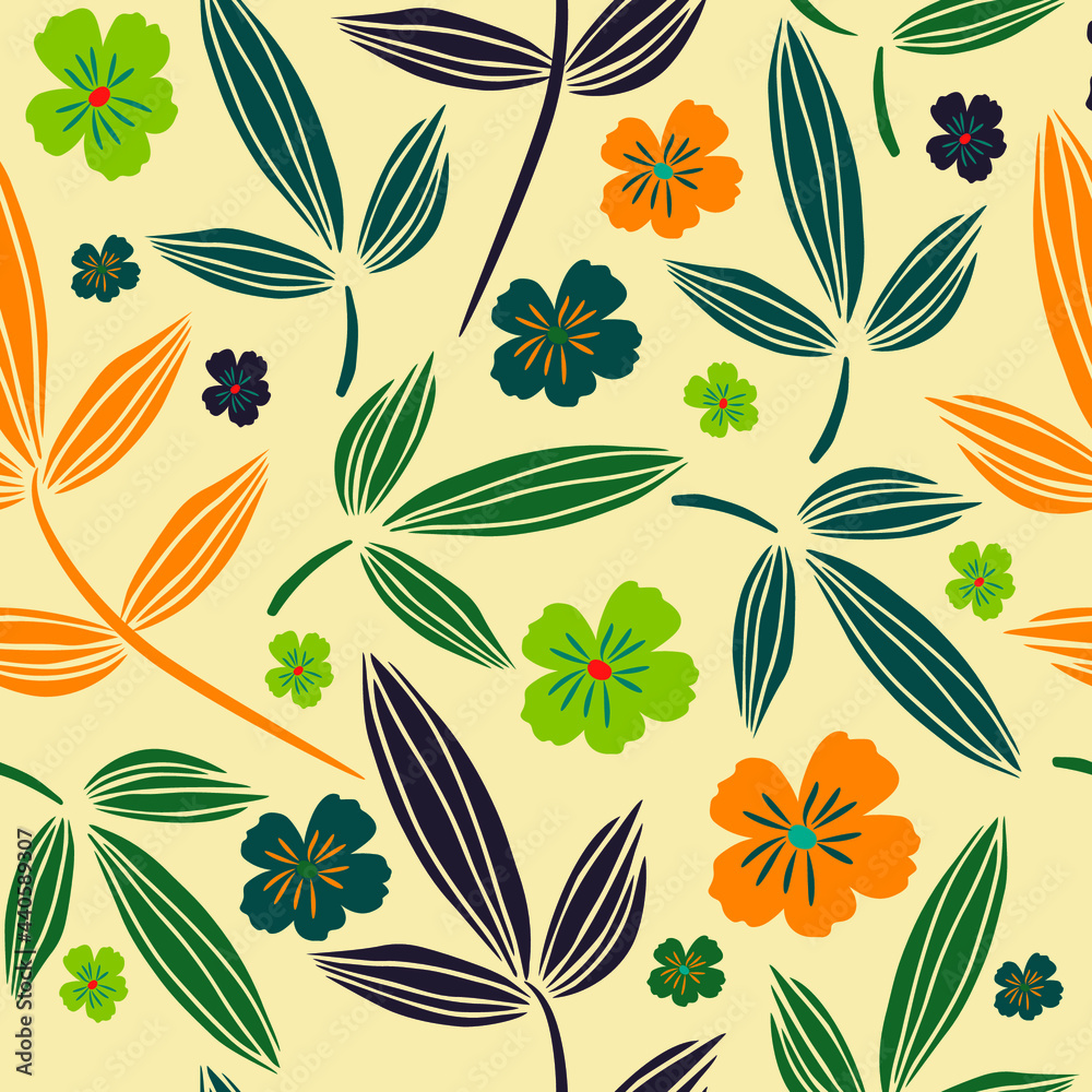Floral Seamless Pattern With Lovely Flowers And Leaves. Colorful Fashion Print. Hand Drawn Vector Illustration, Great for Wedding Decoration, Greeting Cards, Scrapbooking, Invitation.