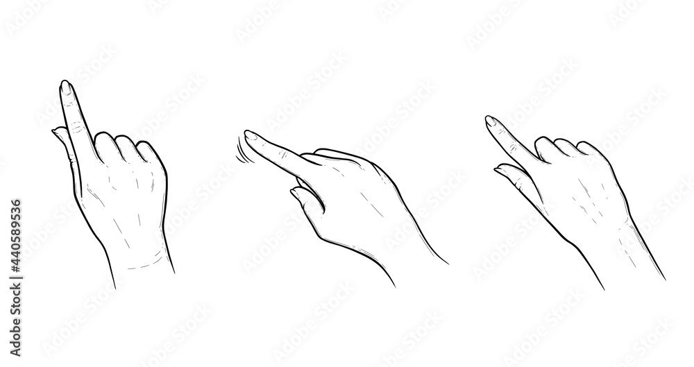 Index finger gestures for smartphone or tablet. Tap, swipe or slide gestures for devices with touchscreens. Sketch vector illustration isolated in white background Index finger gestures for smartphone or tablet. Tap, swipe or slide gestures for devices with touchscreens. Sketch vector illustration isolated in white background