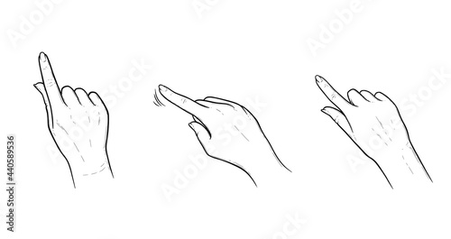 Index finger gestures for smartphone or tablet. Tap, swipe or slide gestures for devices with touchscreens. Sketch vector illustration isolated in white background