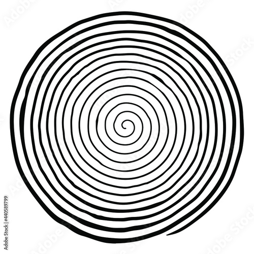 Irregular hand drawn spiral. Black and white flat vector drawing isolated on white background. EPS 8, version 6.