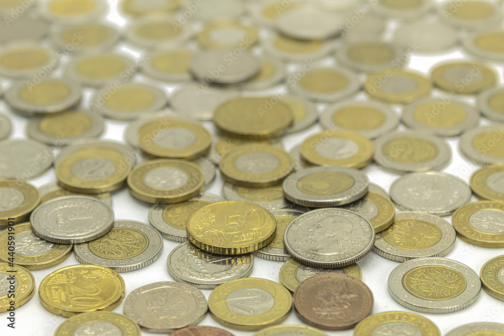 Coins of different denominations and different countries Coins of different denominations and different countries