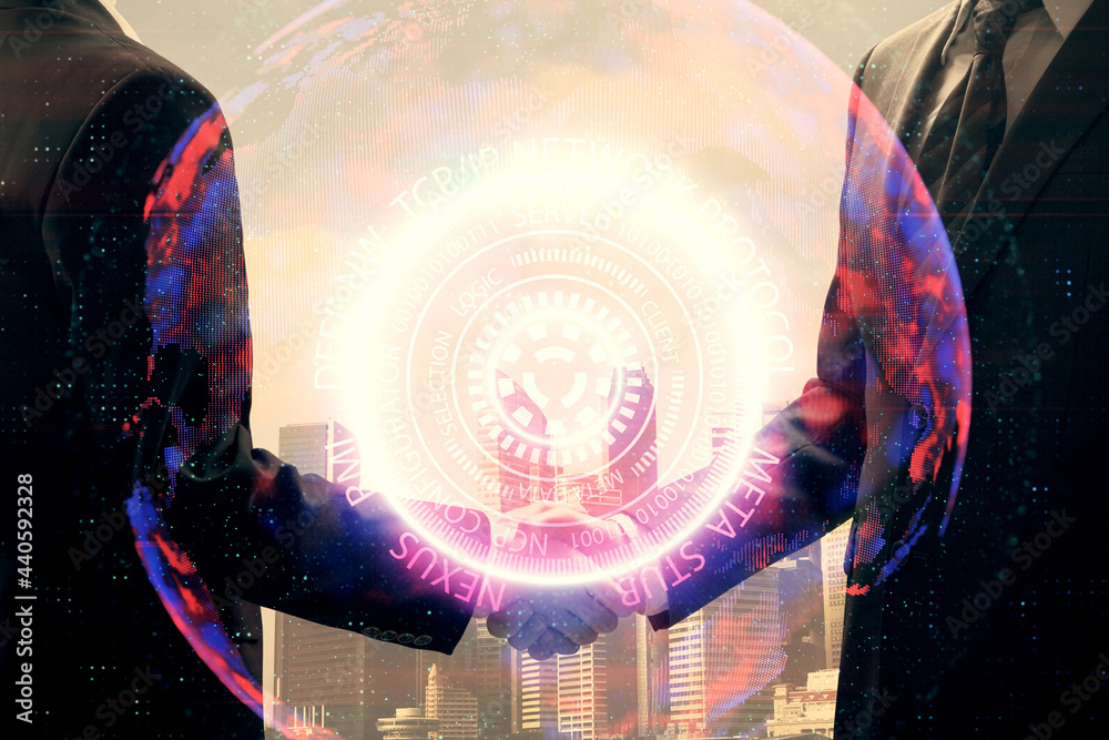 Double exposure of tech hologram and handshake of two men. Deal concept.