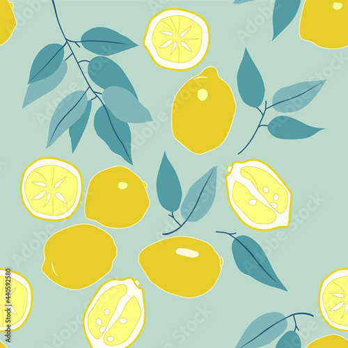 Colorful seamless pattern with lemon and leafs
