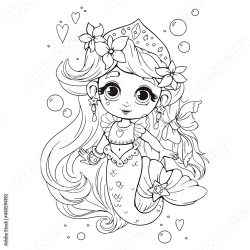 Cute little mermaid with crown coloring book. Coloring book for girls with a beautiful anime style mermaid. Vector illustration of black lines in cartoon childish style. Isolated clipart on white