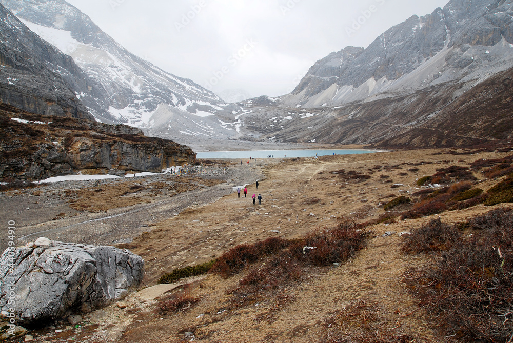 Landscape Milk Lake yading landscape at Yading national reserve.It is Beautiful lake color like a milk blue.Daocheng County,Sichuan Province, China - hikes to epic mountains and adventure backpack