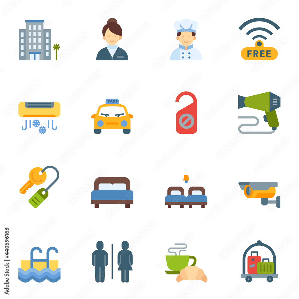 Hotel service flat icon color set 1 with white background.