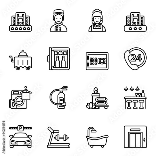 Hotel service icons set 2 with white background. Thin Line Style stroke vector.