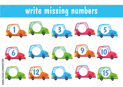 Write the missing numbers. Cartoon cars with numbers from 1 to 15. Transport mini-game for children. An educational math game for children. Fill in the row, write in the missing numbers.