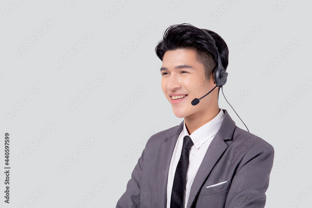 Portrait young asian business man call center wearing headset isolated on white background, agent with support and service, businessman is assistant for client with phone or helpline online. Portrait young asian business man call center wearing headset isolated on white background, agent with support and service, businessman is assistant for client with phone or helpline online.