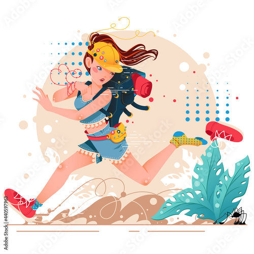 Ilustracja wektorowa, młoda kobieta na wakacjach. Zabawna ilustracja dziewczyna uciekająca przed wielkim Pająkiem na wakacjach z plecakiem. Podróż z plecakiem