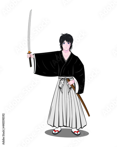 Japanese swordsman or Samurai with Japan sword called Katana dress in black and white kimono Hakama pant drawing in cartoon vector