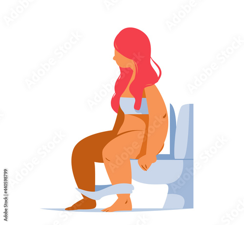 A girl with pink hair sits on the toilet. Fat Woman in the Toilet. Hemorrhoids or diarrhea, diarrhea. Flat style vector character drawing. Lowered underwear. Overweight woman in bathroom