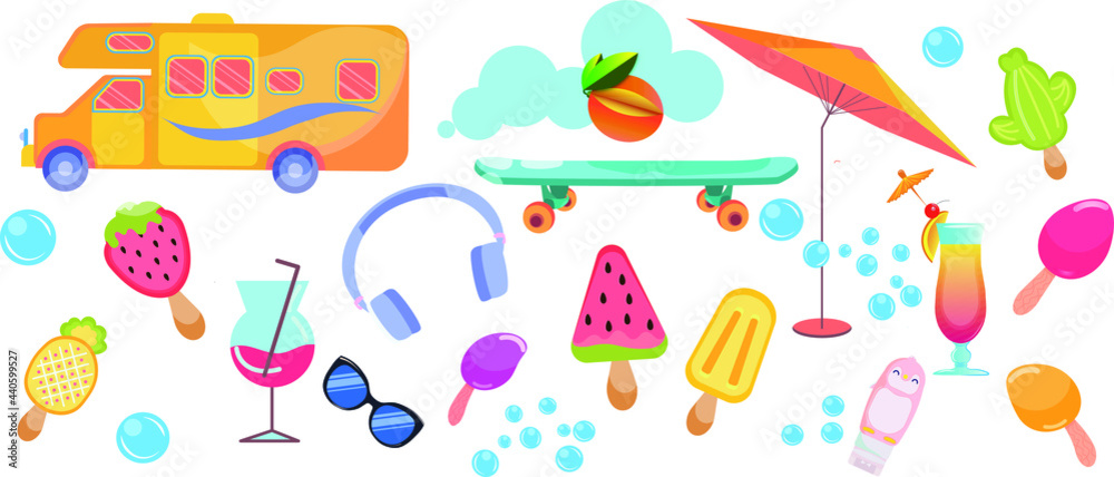 Summer elements set with camper van, ice cream, sunshade, headset, scateboard, sunglasses.