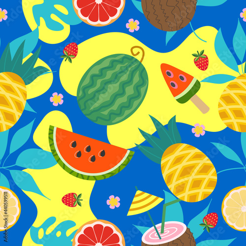 Summer bright vector seamless pattern with juicy fruits and tropical leaves.