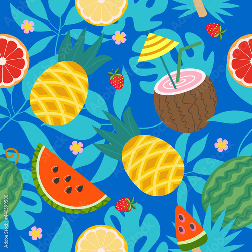 Summer bright vector seamless pattern with juicy fruits and tropical leaves.