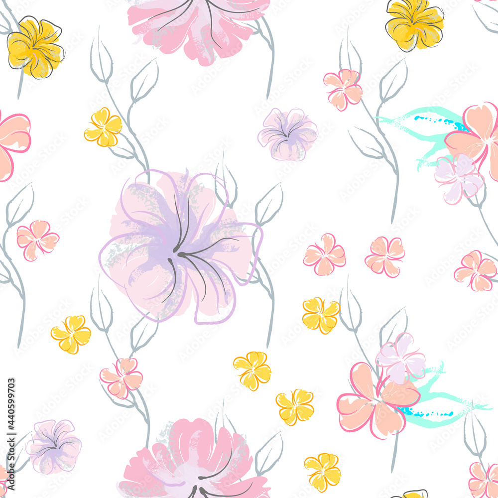 Pink Flowers Blooming Pattern. Pastel Watercolor. Pink Flowers Blooming Pattern. Pastel Watercolor.