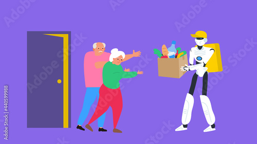 robot courier with grocery products box and senior couple  door delivery service vector illustration
