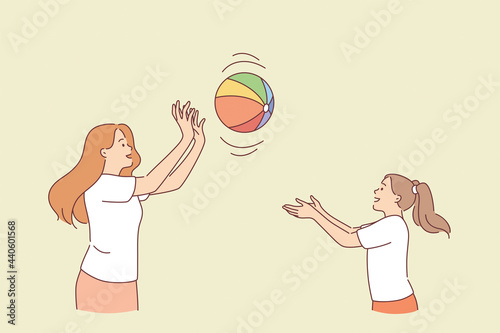 Motherhood and summer activities concept. Female mother and daughter cartoon characters playing bal outdoors in summer together having fun vector illustration 