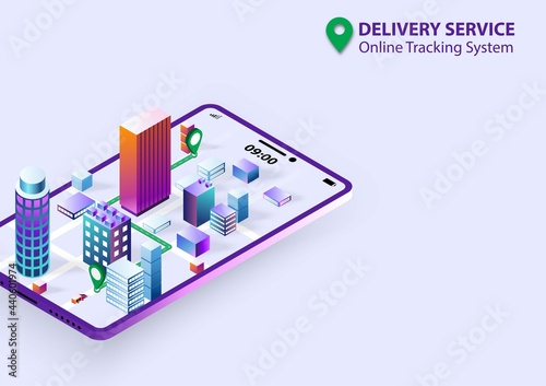 Concept of delivery service with online tracking system, buildings in the city with road and navigation on smartphone. Vector illustration design.
