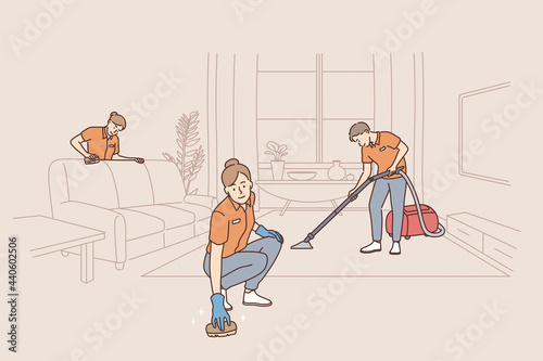 People working as cleaners in service concept. Group pf people workers cleaners tiding up apartment room making cleaning in uniform vector illustration 