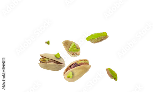 Pistachio explosion close up in white space