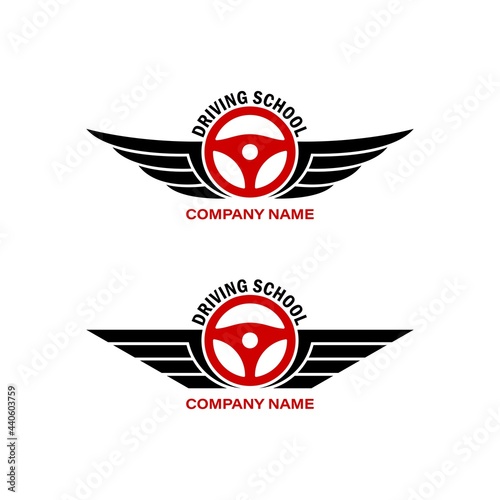 Set of color illustrations of wings, steering wheel, text on a white background. Design element for emblem, sticker, badge, label, icon. Vector illustration. Driving school symbol.