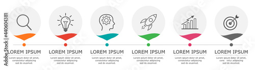 Business infographic Vector with 6 steps. Used for presentation,information,education,connection,marketing, project,strategy,technology,learn,brainstorm,creative,growth,abstract,stairs,idea,text,work.