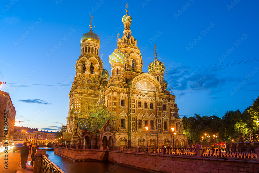 View of the Cathedral of the Resurrection of Christ (Spas-on-Blood) on a white night. St. Petersburg, Russia