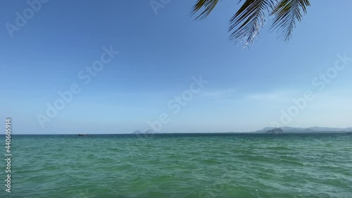 Tourist long tail boat drive from left to right with palm tree leaf on front