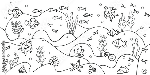 Coloring book Under water. Seamless Marine vector motif . Doodles of the underwater world, sea, ocean, river . Plants algae fish turtles. Aquariums. Hand-drawn vector illustration