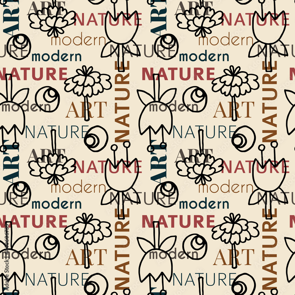seamless repeating pattern with floral elements and modern, nature, art lettering. vector illustration.