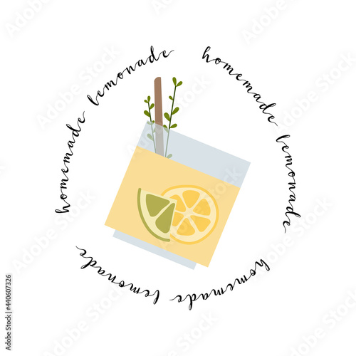 Fresh homemade lemonade, soda, mojito cocktail with lemon and mint. Summer tropic drink, cold citrus refreshing beverage in glass. Vector flat cartoon illustration. For logo, flyer, menu, sticker