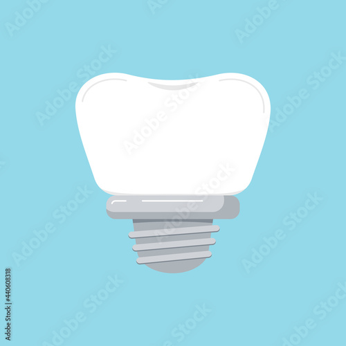 Tooth dental implant icon isolated on blue background. Teeth dental prosthetics and surgery symbol. Vector flat design cartoon style dentistry clip art illustration.