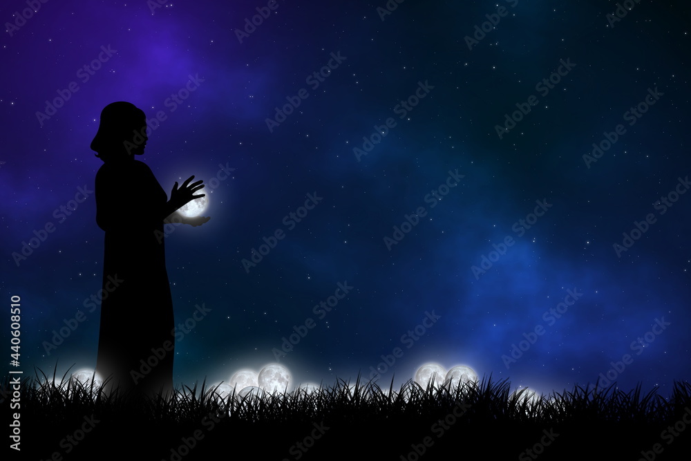 Woman holds a moon in her hands on moon field