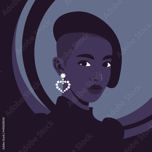 Portrait of a fashion African woman in half-turn with with the earring. Avatar for social networks. Vector illustration in flat style.