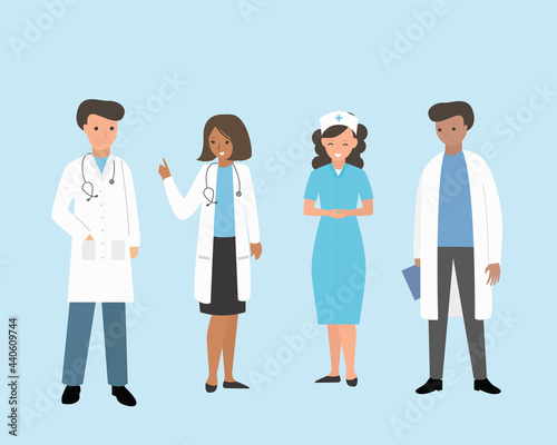 Illustration of doctors and nurses characters. Medical staff, doctors and nurses, group of medics. 