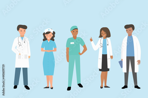 Illustration of doctors and nurses characters. Medical staff, doctors and nurses, group of medics. 