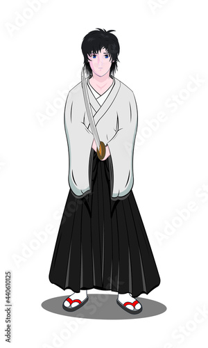 Smart Japanese swordsman or Samurai holding Japan sword called Katana dress in Kimono Hakama pant drawing in cartoon vector