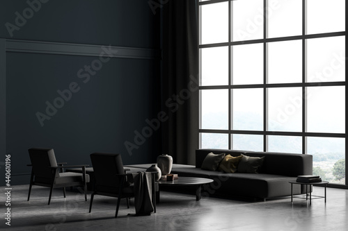 Copy space mockup wall in villa living room design interior, grey furniture on gray blue wall, concrete floor, armchair, couch with lamp. Concept of relax. Panoramic window. © ImageFlow